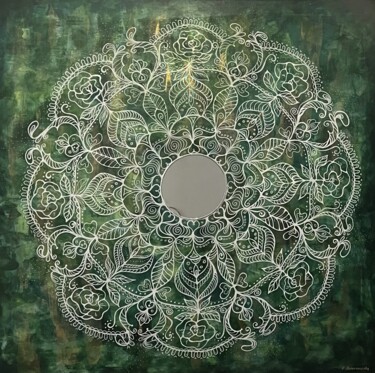 Painting titled "Emerald Mandala wit…" by Renata Romanowska, Original Artwork, Acrylic Mounted on Wood Stretcher frame
