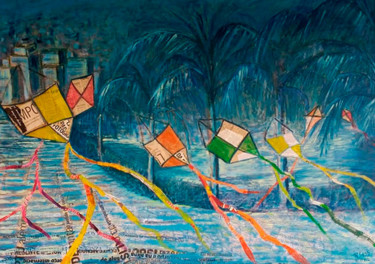Peinture intitulée "pipas ao vento 2" par Renata Sass, Œuvre d'art originale, Huile