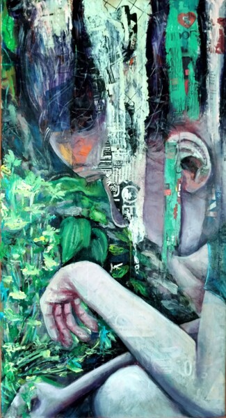 Painting titled "Momento Verde" by Renata Sass, Original Artwork, Collages Mounted on Other rigid panel