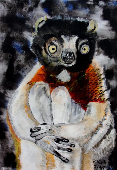 Malerei mit dem Titel "Grüße vom Lemurenäf…" von Renate Kock, Original-Kunstwerk, Acryl