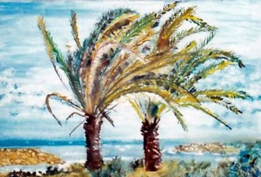 Painting titled "Palmen im Wind (Tun…" by Renate Kock, Original Artwork, Oil