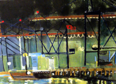 Malerei mit dem Titel "Werft bei Nacht" von Renate Kock, Original-Kunstwerk, Acryl