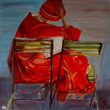 Malerei mit dem Titel "Lesende in Rot" von Renate Kock, Original-Kunstwerk, Acryl