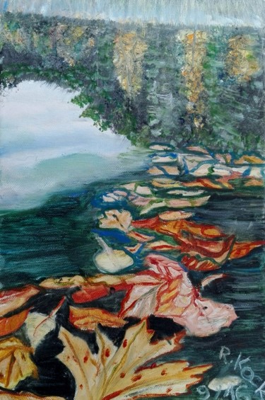 Malerei mit dem Titel "Schwimmende Blätter" von Renate Kock, Original-Kunstwerk, Öl