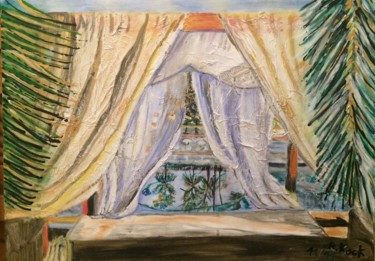 Malerei mit dem Titel "Himmelbett am Pool" von Renate Kock, Original-Kunstwerk, Acryl