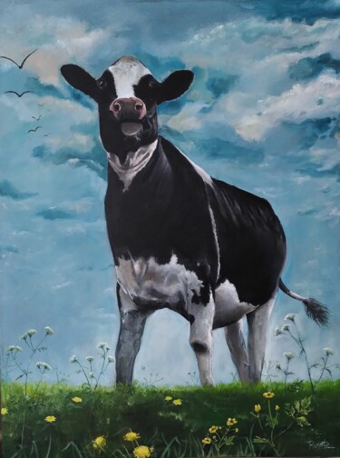 Schilderij getiteld "Nieuwsgierige koe v…" door Renate Scheinhardt, Origineel Kunstwerk, Acryl Gemonteerd op Frame voor hout…