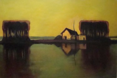 Painting titled "House on a lake" by Renate Buckley, Original Artwork, Oil
