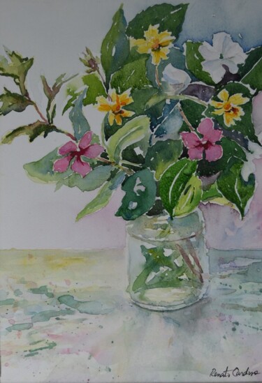 Pintura intitulada "vinca entre flores…" por Renato Cardoso, Obras de arte originais, Aquarela