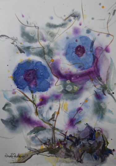 Pintura intitulada "blue flowers" por Renato Cardoso, Obras de arte originais, Aquarela