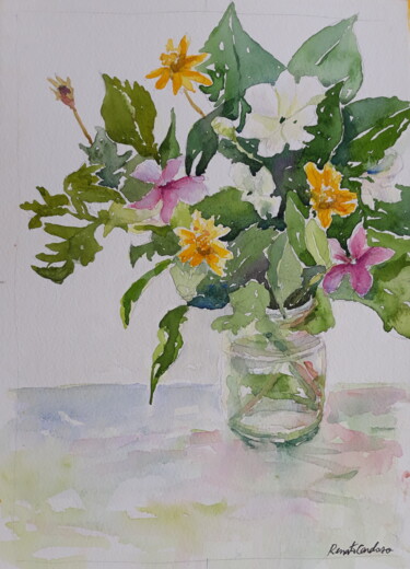 Pintura intitulada "vinca entre flores…" por Renato Cardoso, Obras de arte originais, Aquarela