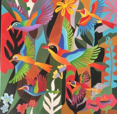Painting titled "Bird's garden" by Renato Donzelli, Original Artwork, Oil