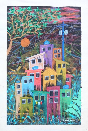 Malerei mit dem Titel "Favela  sunrise 01" von Renato Jesus, Original-Kunstwerk, Acryl