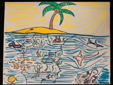 Peinture intitulée "La vie sous l'île" par Renaud Lambert, Œuvre d'art originale, Marqueur