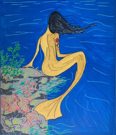 Pintura intitulada "La sirène à la rose" por Renaud Lambert, Obras de arte originais, Marcador