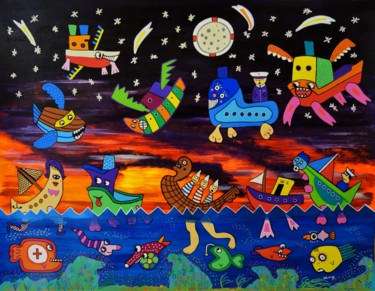 Peinture intitulée "Les petits bateaux" par Erno, Œuvre d'art originale, Acrylique
