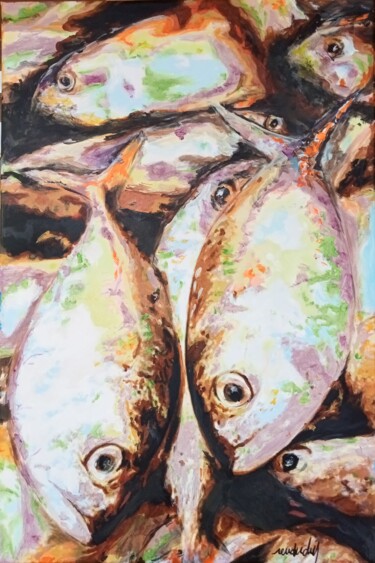 Painting titled "Chez le poissonnier" by Jean Louis Renaudin, Original Artwork, Acrylic Mounted on Wood Stretcher frame