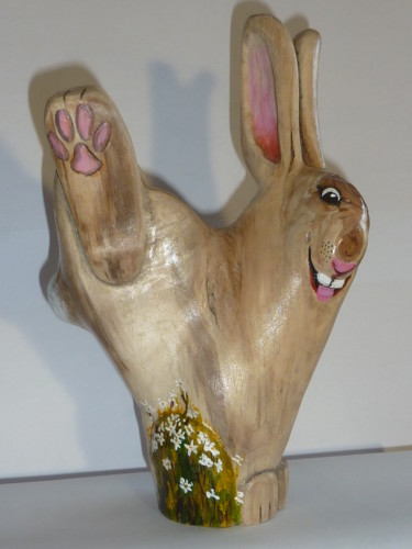 Skulptur mit dem Titel "Lapin joyeux" von René Blanchet, Original-Kunstwerk, Holz