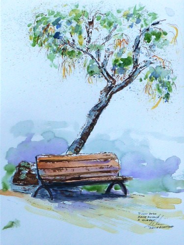 Dessin intitulée "L`arbre et le banc…" par René Blanchet, Œuvre d'art originale, Aquarelle