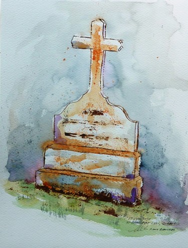 Rysunek zatytułowany „Une pierre tombale…” autorstwa René Blanchet, Oryginalna praca, Akwarela