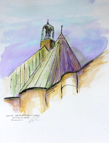 Drawing titled "Église Ste-Angèle-d…" by René Blanchet, Original Artwork, Watercolor