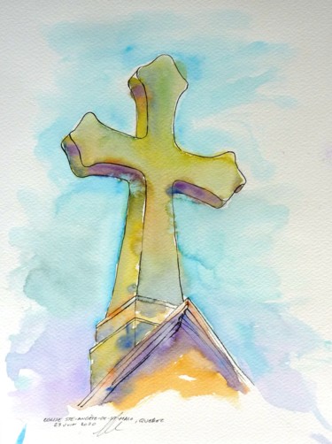 Dessin intitulée "Croix de l'église S…" par René Blanchet, Œuvre d'art originale, Aquarelle