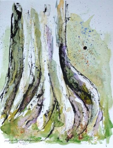 Zeichnungen mit dem Titel "Tronc d'arbre à l’Î…" von René Blanchet, Original-Kunstwerk, Aquarell