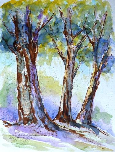 Tekening getiteld "Arbres à l’Île d'Or…" door René Blanchet, Origineel Kunstwerk, Aquarel