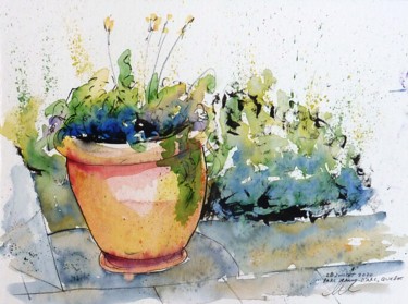 Dessin intitulée "Pot de fleurs du Pa…" par René Blanchet, Œuvre d'art originale, Aquarelle