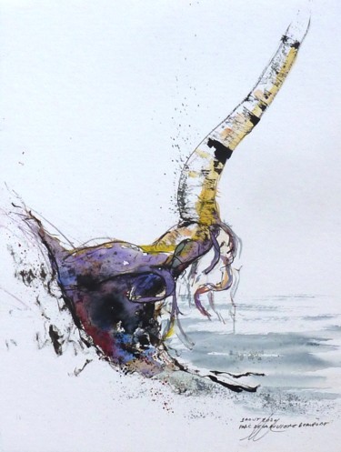 Dessin intitulée "Bouleau sur le bord…" par René Blanchet, Œuvre d'art originale, Aquarelle