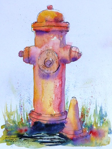 Tekening getiteld "Borne-fontaine du D…" door René Blanchet, Origineel Kunstwerk, Aquarel