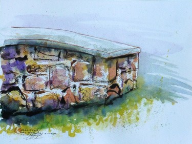 Drawing titled "Muret de pierres du…" by René Blanchet, Original Artwork, Watercolor