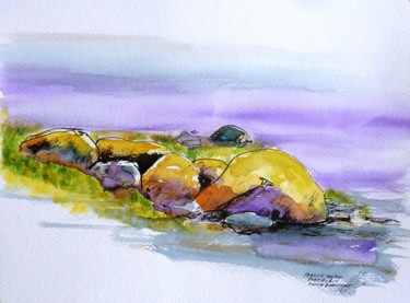 Drawing titled "Rochers de la baie…" by René Blanchet, Original Artwork, Watercolor