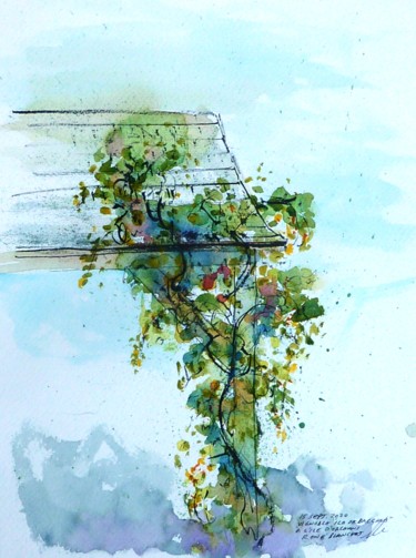 Рисунок под названием "Pergola et fleurs g…" - René Blanchet, Подлинное произведение искусства, Чернила