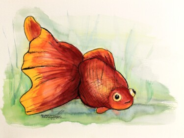 Dessin intitulée "Le poisson rouge en…" par René Blanchet, Œuvre d'art originale, Encre