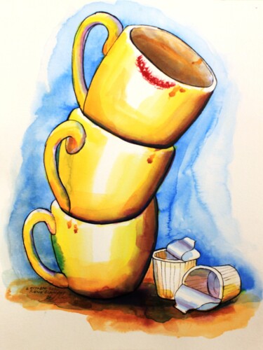 Painting titled "Après la pause-café…" by René Blanchet, Original Artwork, Ink