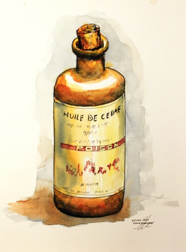 La vielle bouteille d'huile de cèdre Drawing titled "La vielle bouteille…" by René Blanchet, Original Art, Ink