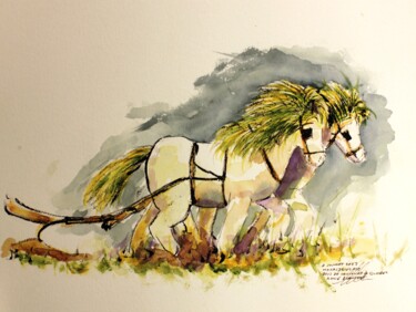 Tekening getiteld "Chevaux d'attelage…" door René Blanchet, Origineel Kunstwerk, Inkt