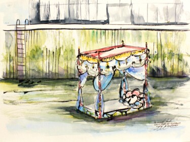 Dessin intitulée "Lit flottant dans l…" par René Blanchet, Œuvre d'art originale, Encre