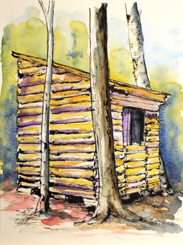Dessin intitulée "La cabane du boisé…" par René Blanchet, Œuvre d'art originale, Encre