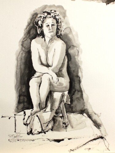 Dessin intitulée "Isabelle assise sur…" par René Blanchet, Œuvre d'art originale, Encre