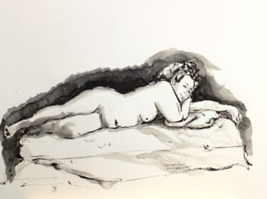 Drawing titled "Isabelle allongée" by René Blanchet, Original Artwork, Ink