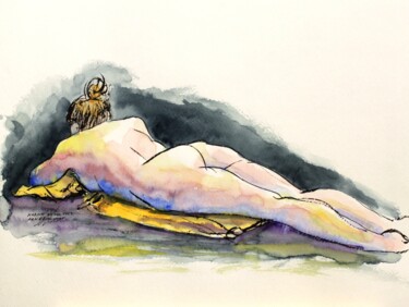 Dessin intitulée "Karine nue sur le v…" par René Blanchet, Œuvre d'art originale, Encre