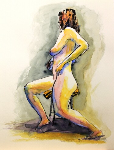 Drawing titled "Anne nue sur un banc" by René Blanchet, Original Artwork, Ink