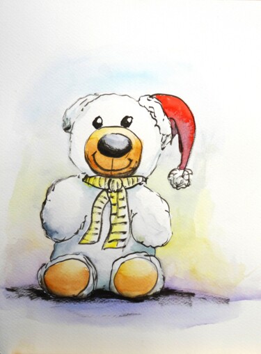 Drawing titled "Ourson d'hiver" by René Blanchet, Original Artwork, Watercolor