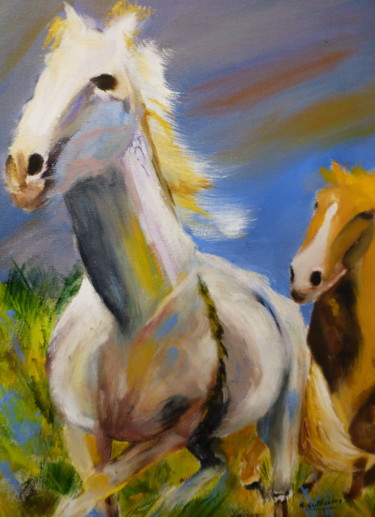 Painting titled "CHEVAUX DE CAMARGUE…" by René Guillaume, Original Artwork, Oil