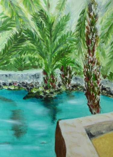 Painting titled "bassin dans la palm…" by René Guillaume, Original Artwork, Oil