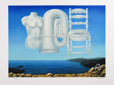 제목이 "Le Temps Menacant"인 판화 René Magritte로, 원작, 리소그래피