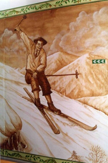 Painting titled "Skieur cage d'escal…" by René Vincent-Viry, Original Artwork