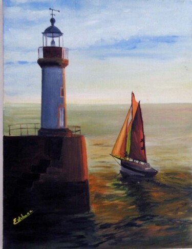 Peinture intitulée "phare breton" par Renée Estebanez, Œuvre d'art originale, Huile