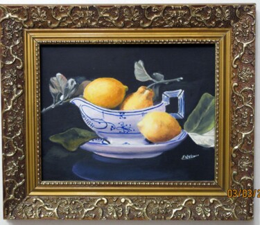 Painting titled "nature morte citrons" by Renée Estebanez, Original Artwork, Oil